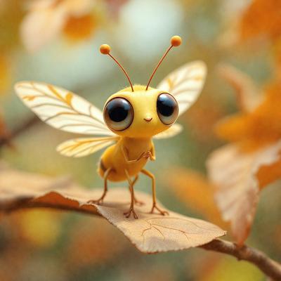 The primary subject of the image is a small yellow and black butterfly perched on a leaf. The setting is a tree branch with leaves surrounding the butterfly. The visual style is a digital art or illustration, creating a whimsical and playful atmosphere. The colors are predominantly yellow and black, with the yellow butterfly standing out against the green leaves.